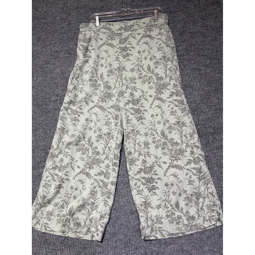Laura Ashley Women XL Sage Green Floral Toile Wide Leg Cropped Culotte Pants